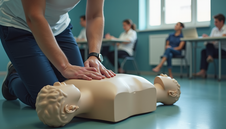 Eye-level view of a first aid instructor demonstrating CPR on a training mannequin