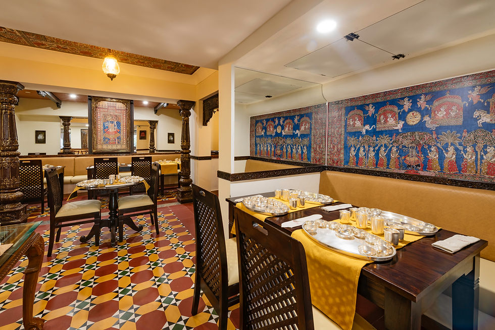 Wide angle view of MTR's traditional South Indian dining setup