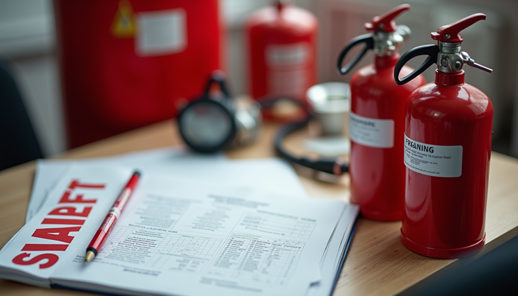 High angle view of fire safety equipment and training materials arranged on a table