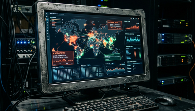Close-up view of a cybersecurity terminal showing threat signals on a dark screen.