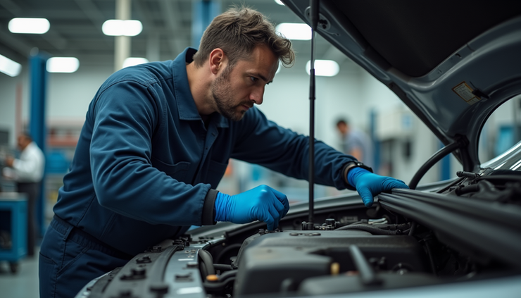 Eye-level view of a mechanic inspecting a car engine in Dubai