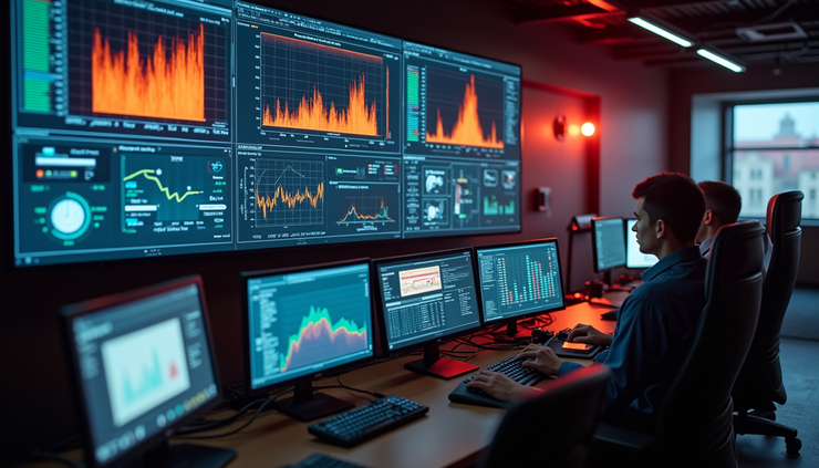 High angle view of a fire control room with digital monitoring screens