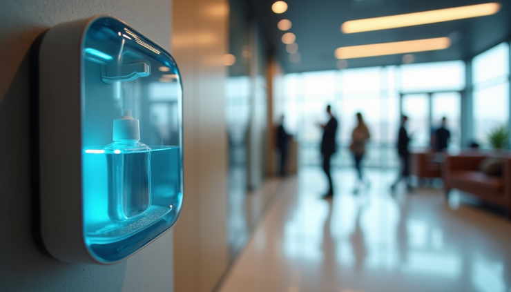 Close-up view of a touchless hand sanitizer dispenser with refill indicator in a busy office lobby