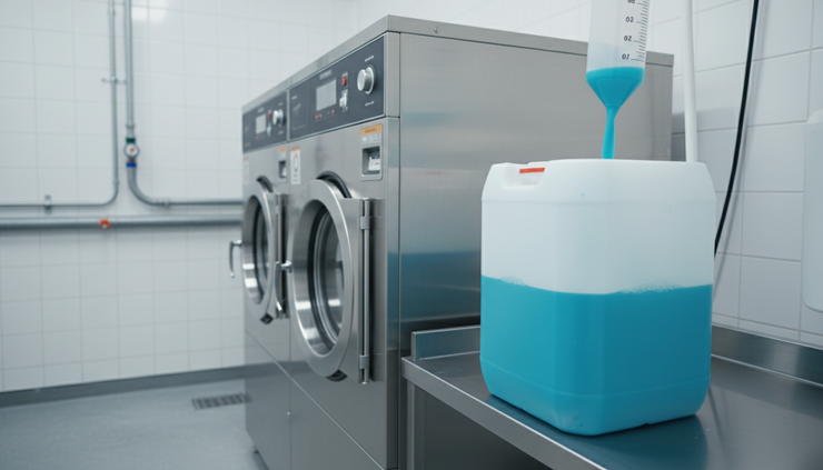 Close-up view of measured liquid detergent being dispensed into a commercial laundry dosing container.