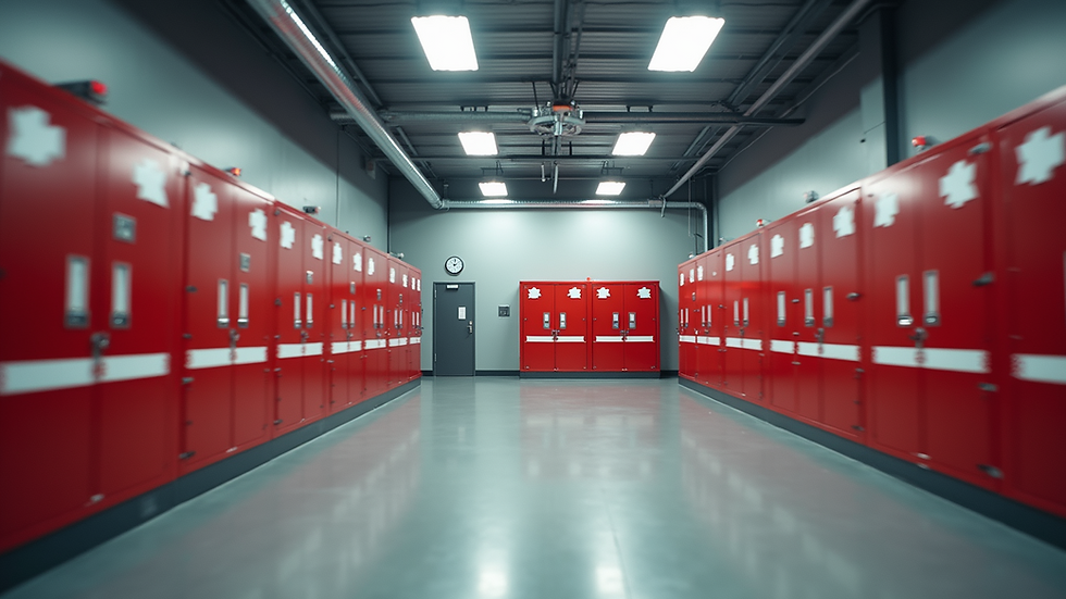 Wide-angle view of a training facility equipped for first aid and fire safety training