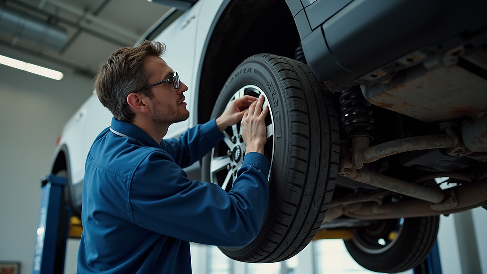 High angle view of mechanic inspecting car suspension under the vehicle