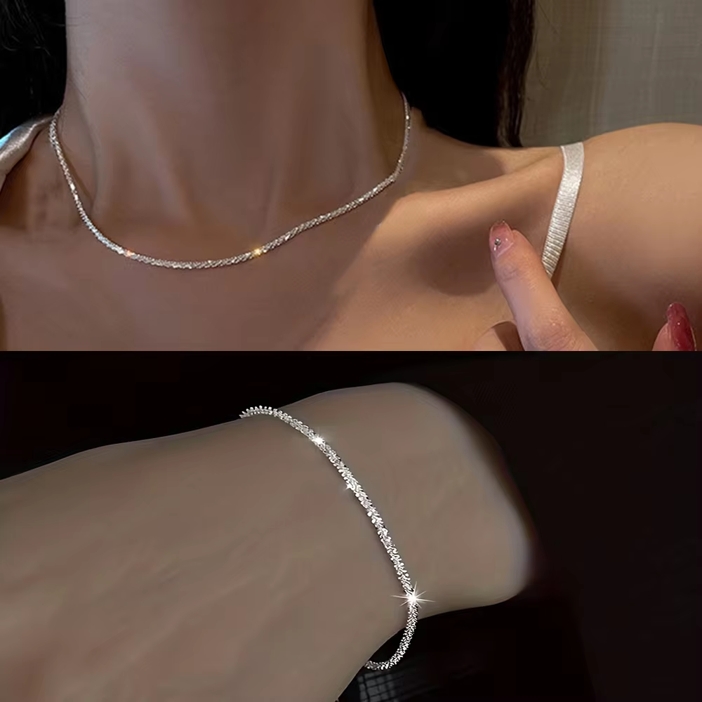 Set of Shiny Silver Plated Collarbone Chain Necklace Bracelet Jewelry, Women's M