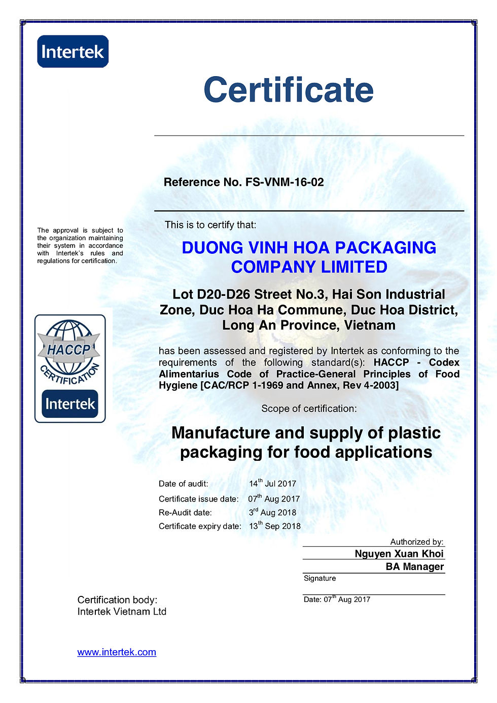 HACCP Certificate (E)
