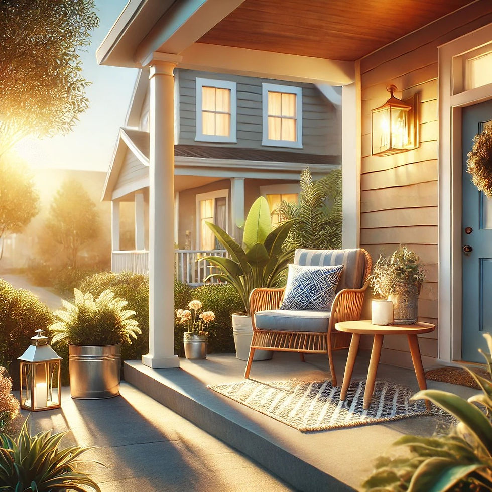 Cozy porch with wicker chair, blue cushion, small table, and potted plants. Warm golden sunlight, inviting and serene setting.