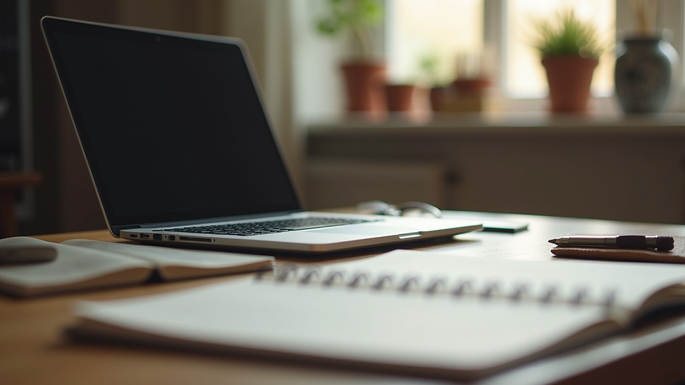Eye-level view of a writer’s desk with a laptop and notes