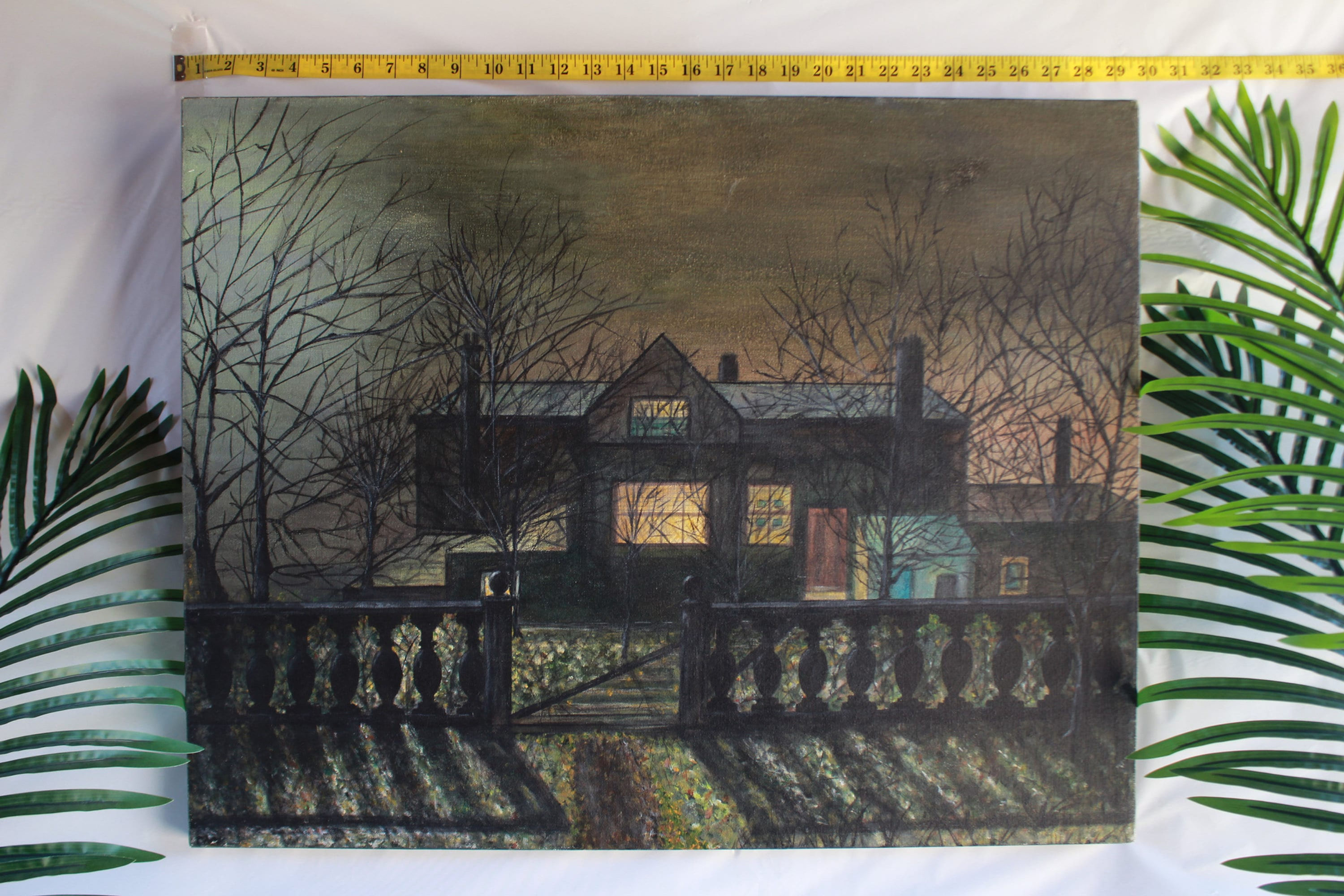 Original Oil Painting of House at Night, Winter Trees Forest, Calm Beautiful