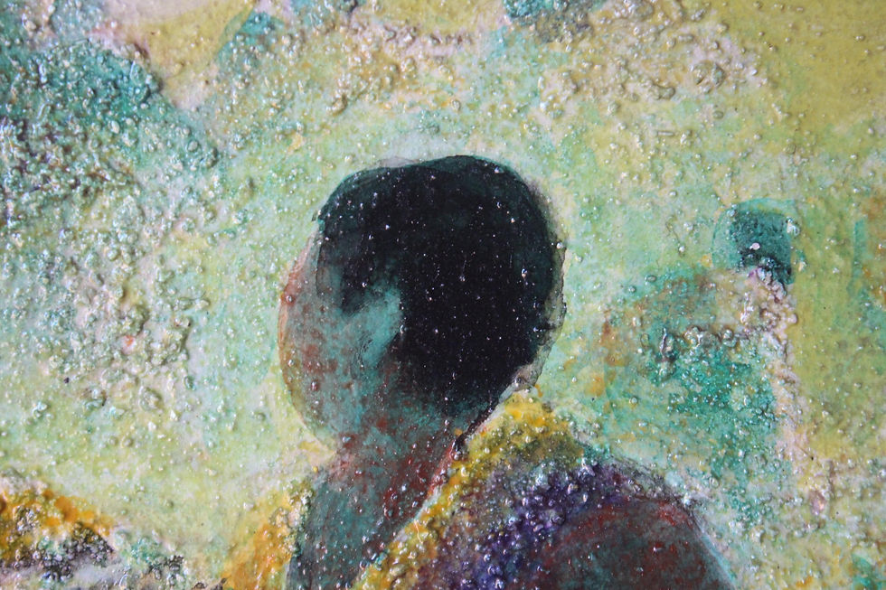 Thumbnail: Original Mid-Century Painting of Community Movement, Food Dog Child Yellow