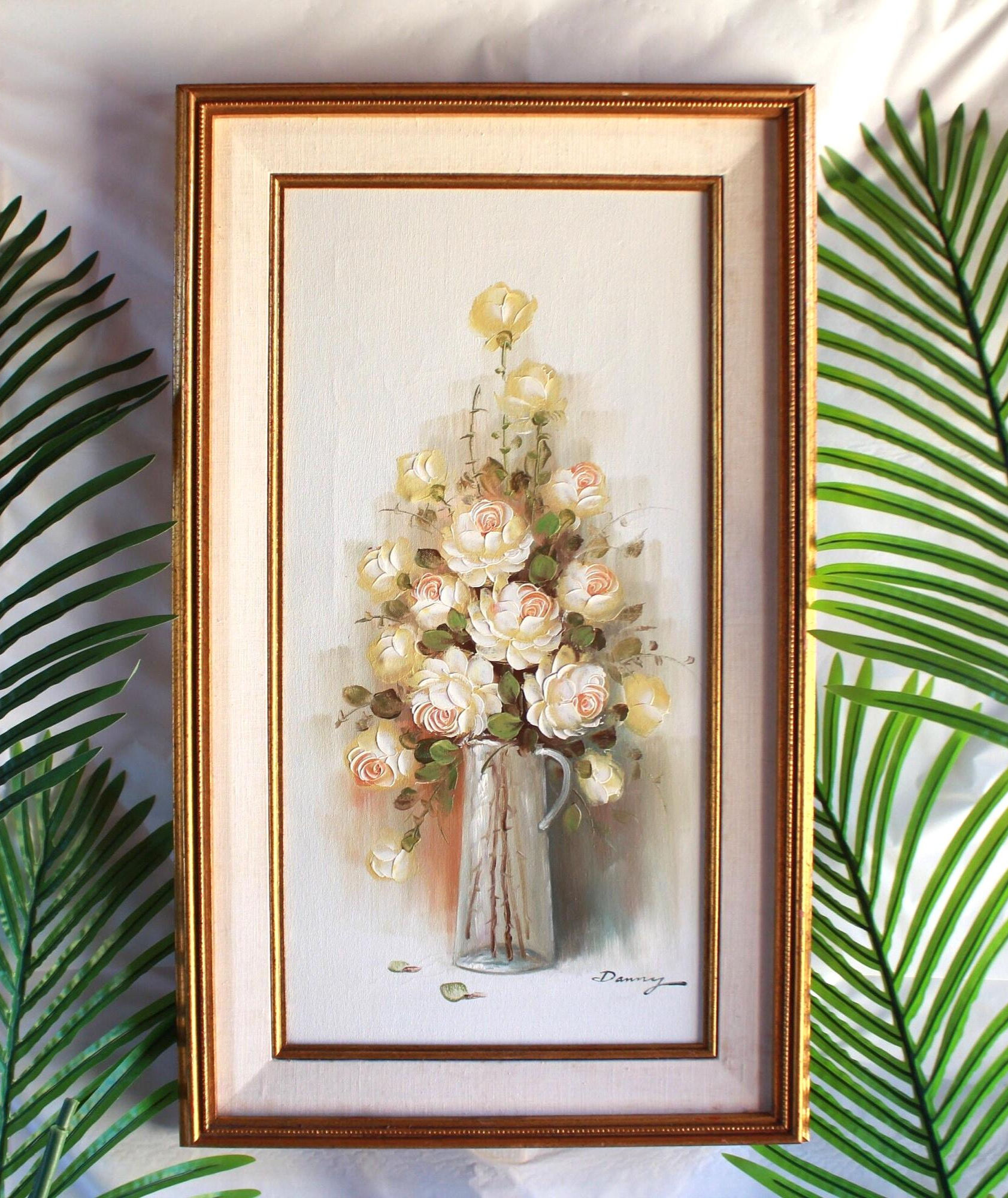 Original Antique Signed Framed Oil Painting on Canvas, White Gold Pink, Flowers