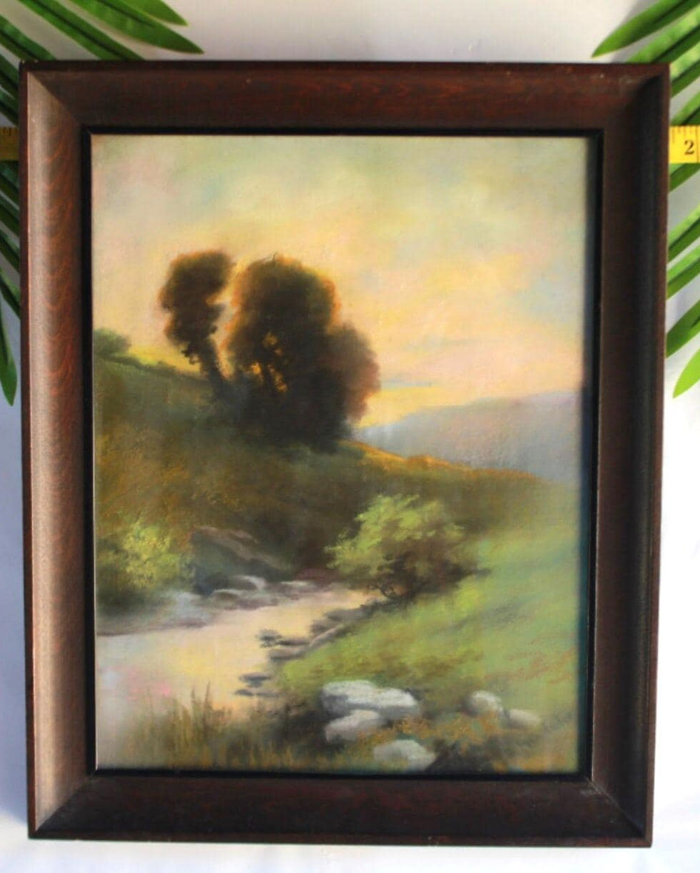 Thumbnail: Original Antique Framed Painting Paper, Landscape Scene, River & Trees Sunset