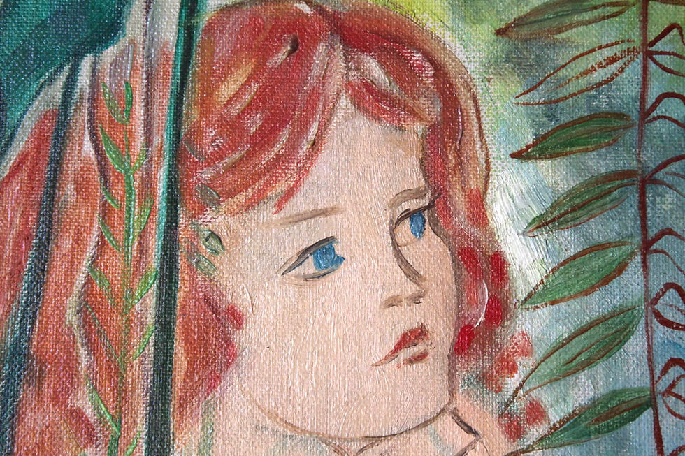 Thumbnail: Original Painting of a Woman in Nature with Cats Butterflies & Plants, Green