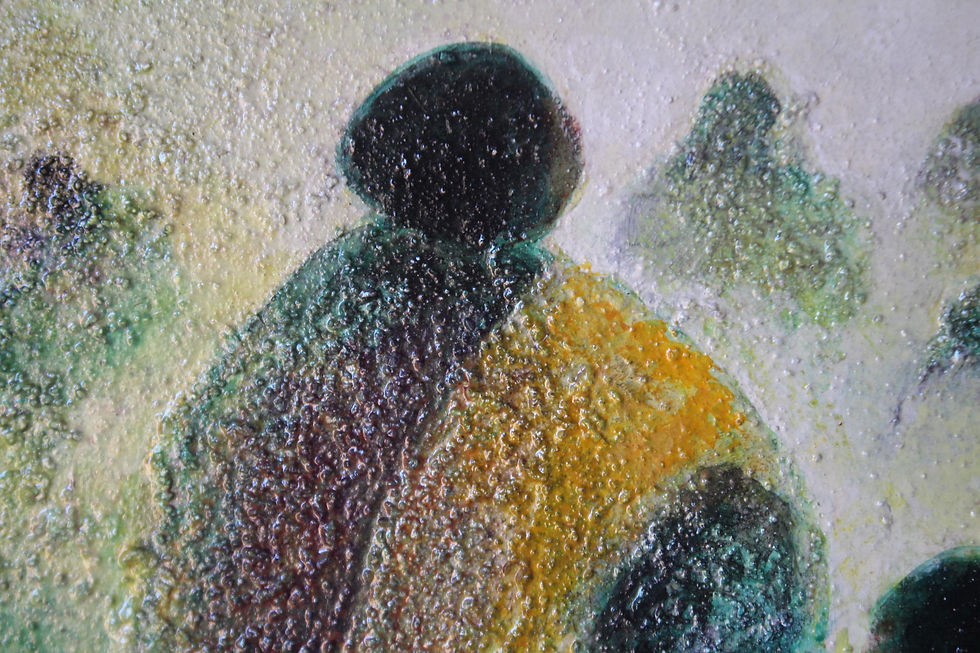 Thumbnail: Original Mid-Century Painting of Community Movement, Food Dog Child Yellow