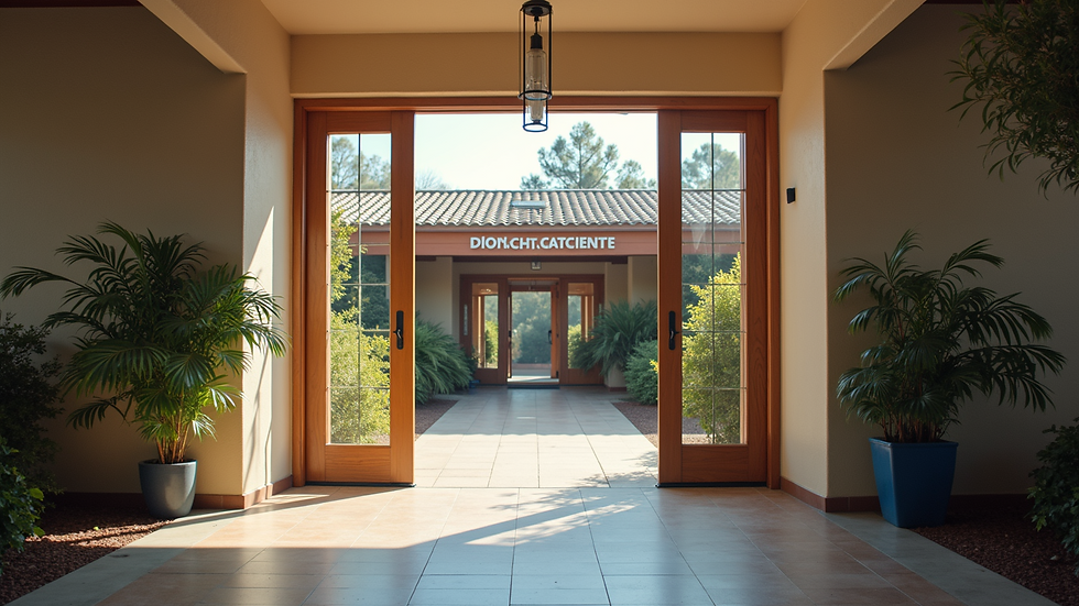 Eye-level view of community center entrance with welcoming signage