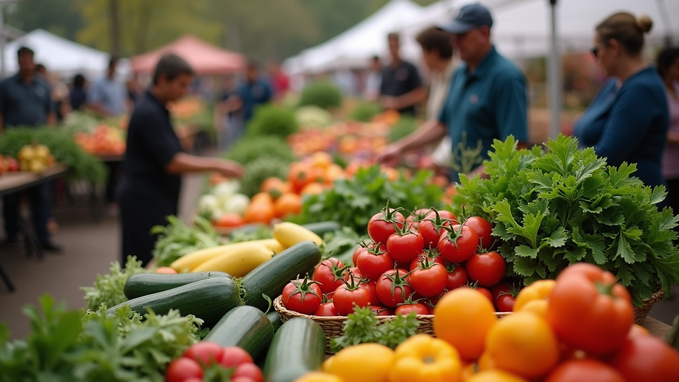 High angle view of a community food distribution event with tables of fresh produce