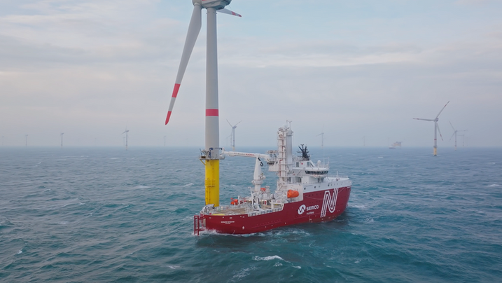 Offshore wind service vessel Norwind Maestro, North sea Denmark. 