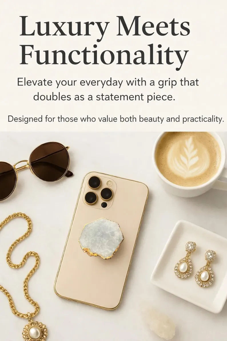 Thumbnail: Rose Quartz Gold Edge Irregular Crystal Phone Grip & Stand