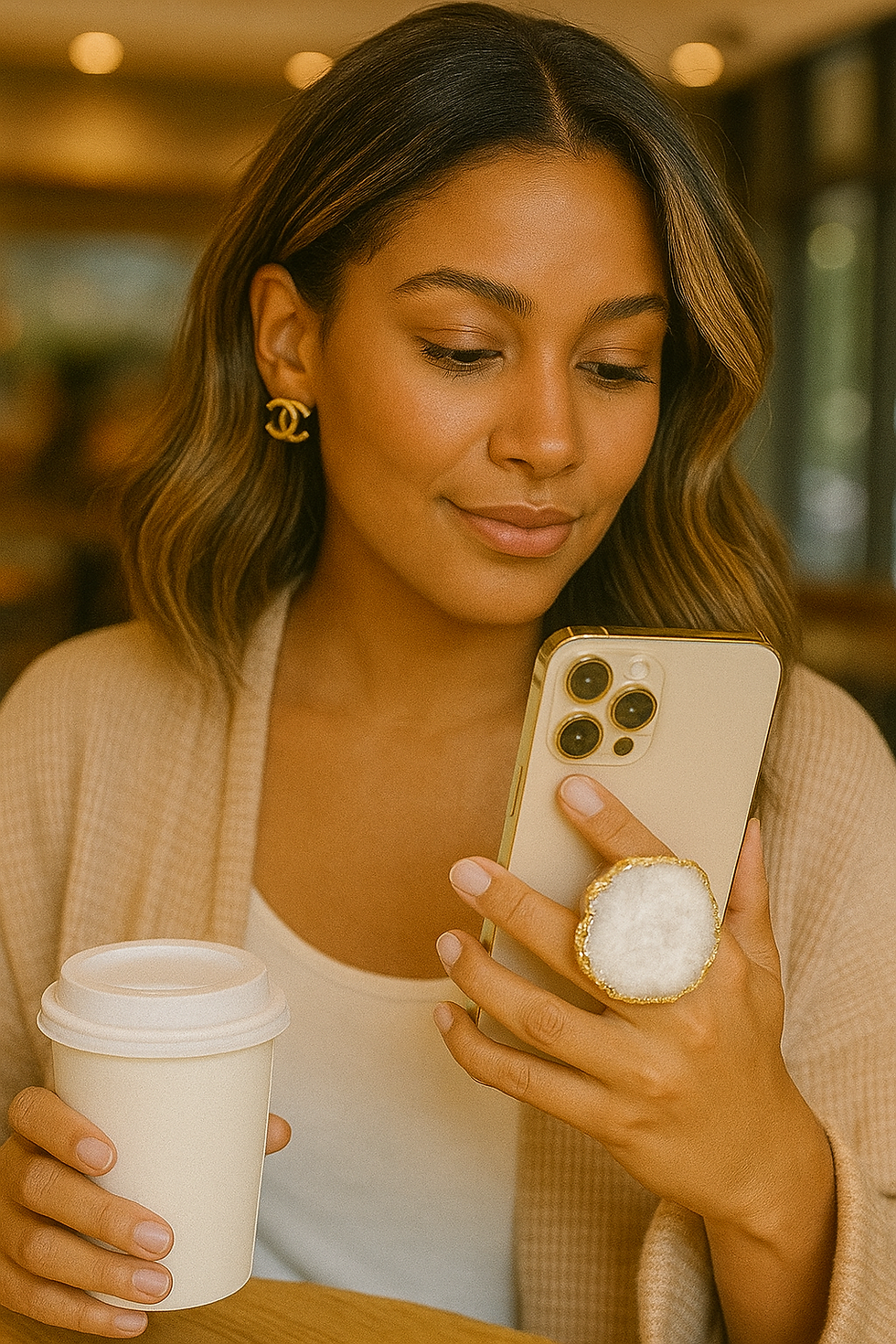 Thumbnail: White Clear Quartz Druzy Crystal Phone Grip & Stand