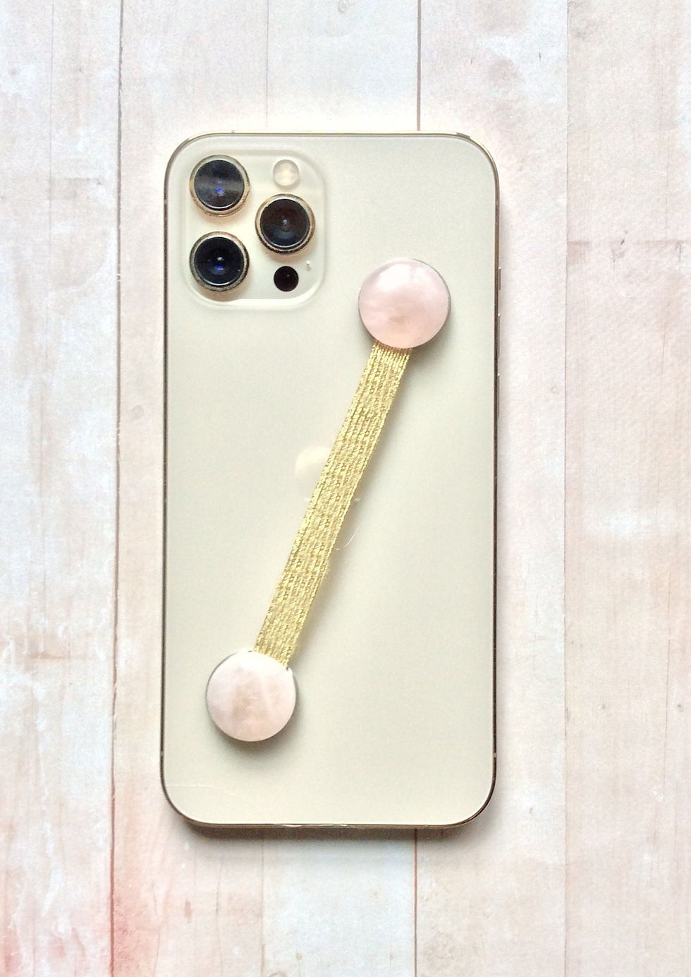 Thumbnail: Crystal Phone Strap Handle with Rose Quartz Gemstone & Gold Strap