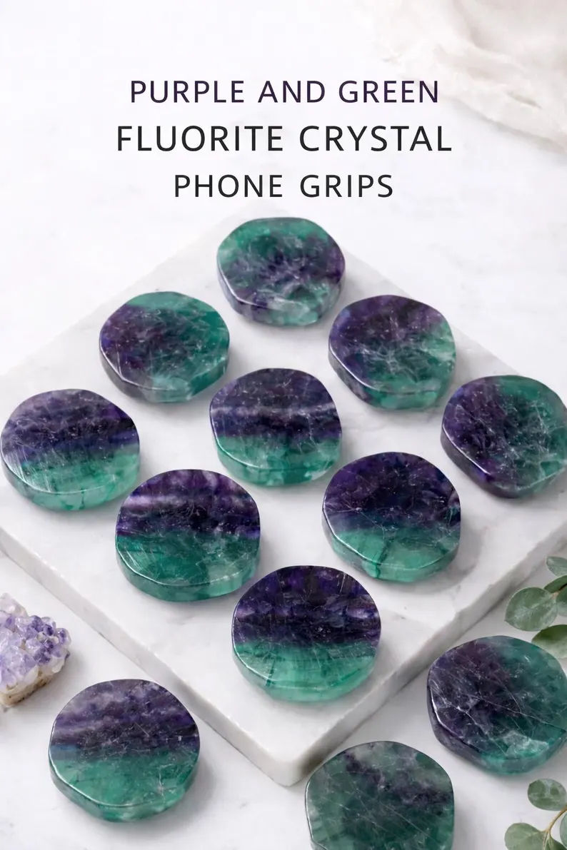 Thumbnail: Purple and Green Fluorite Natural Edge Genuine Crystal Phone Grip & Phone Stand