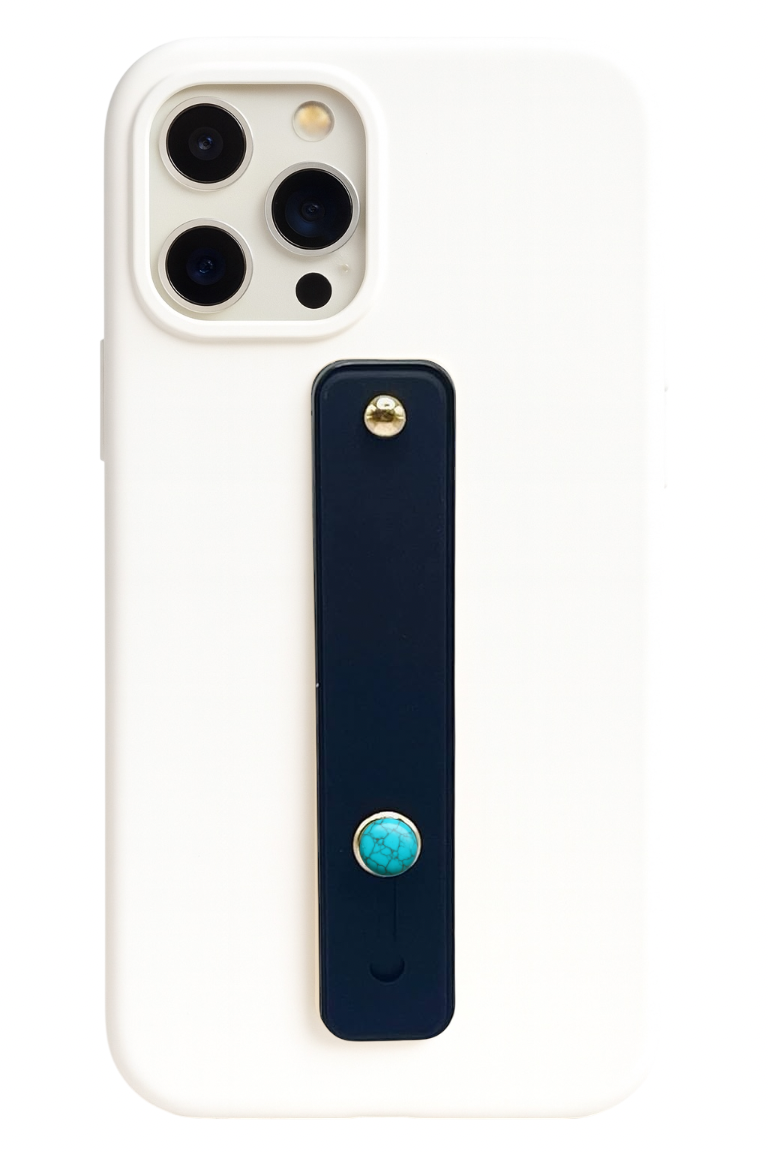 Thumbnail: CRYSTALFY Gemmy Finger Phone Grip & Stand Black Strap with Turquoise Gemstone