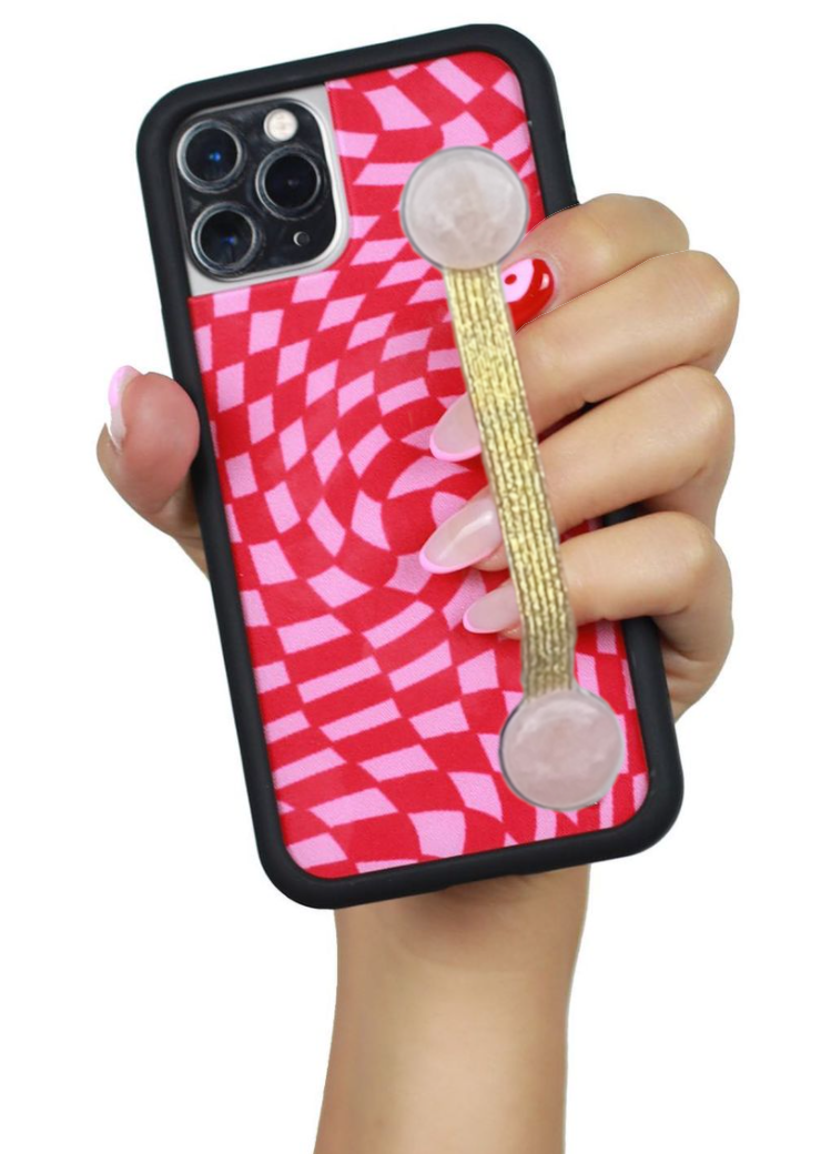 Thumbnail: Crystal Phone Strap Handle with Rose Quartz Gemstone & Gold Strap