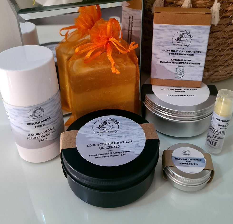 Soaps, deodorants, lip balms, body lotions, made with natural ingredients