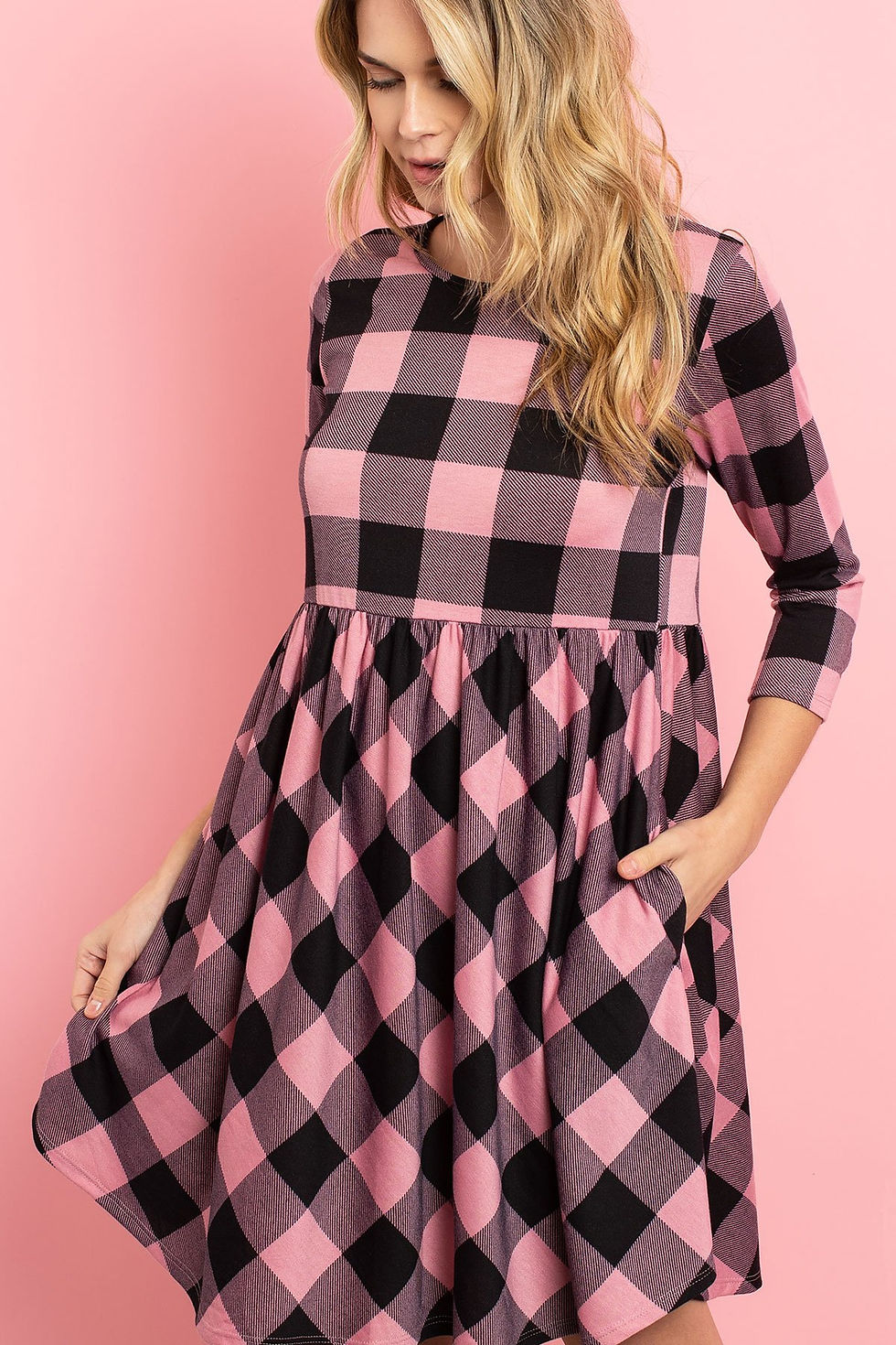 Thumbnail: Cinch Waist Quarter Sleeves Plaid Dress