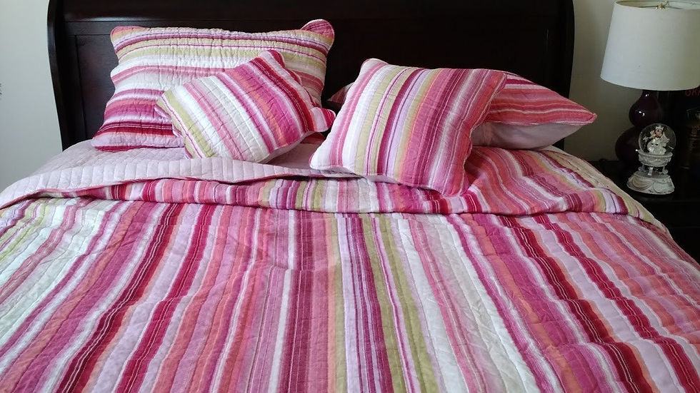 Thumbnail: Lovely Stunning Stripes Red & Pink Reversible Quilted Coverlet Bedspread
