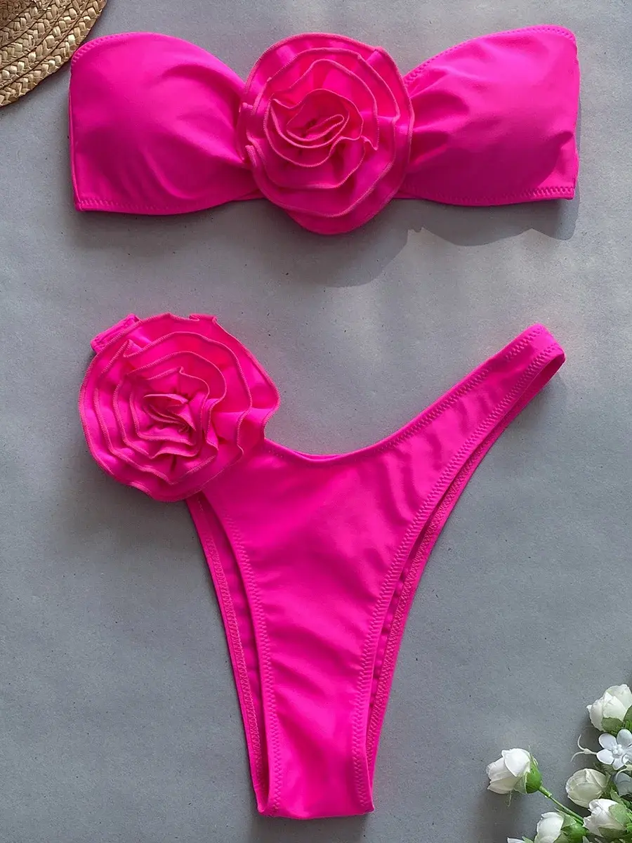 Thumbnail: 3D Flowers Brazilian Strapless Bandeau Bikini Female