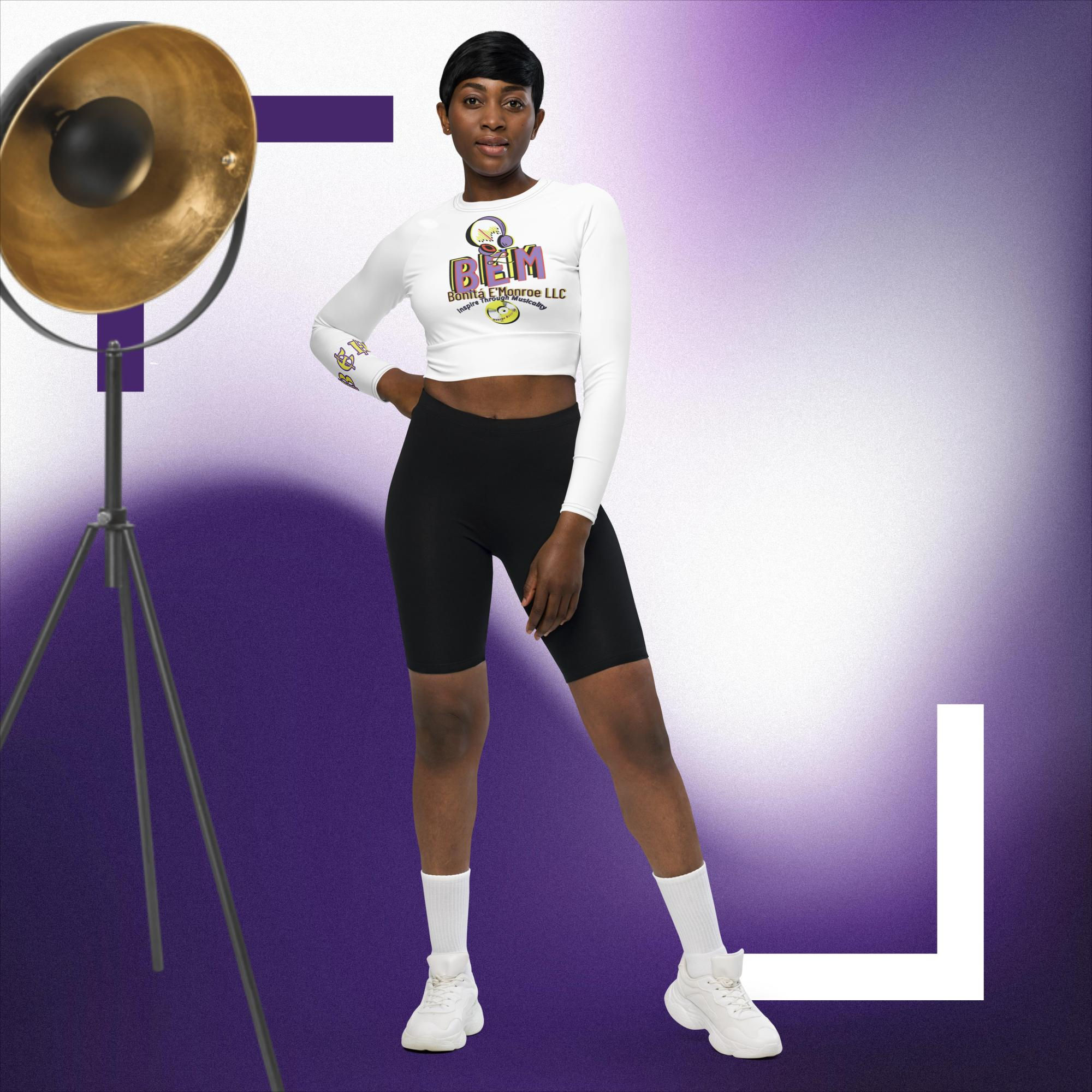 BEM long-sleeve crop top purple & white.