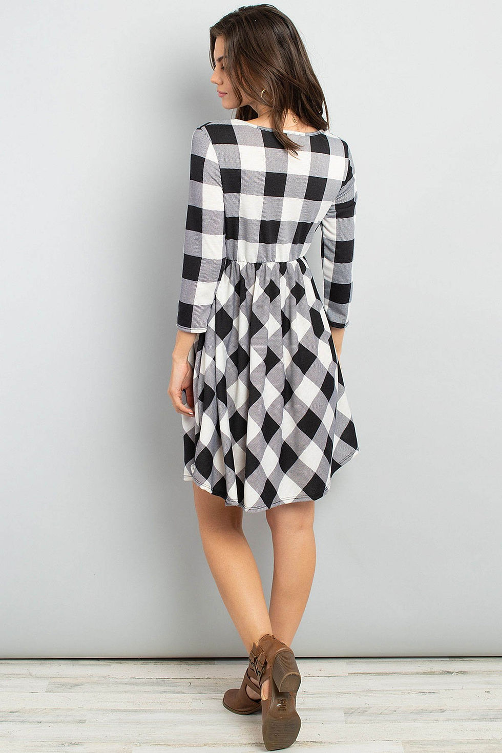 Thumbnail: Cinch Waist Quarter Sleeves Plaid Dress