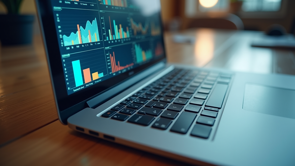 High angle view of a laptop displaying various sports analytics graphs and charts
