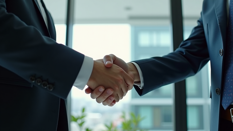 Eye-level view of two business people shaking hands in a modern office