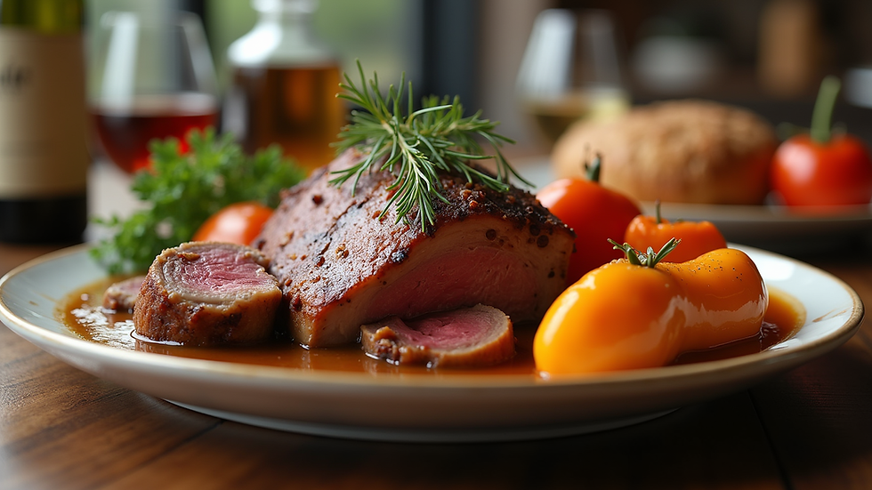 Eye-level view of a traditional British Sunday roast with vegetables and gravy