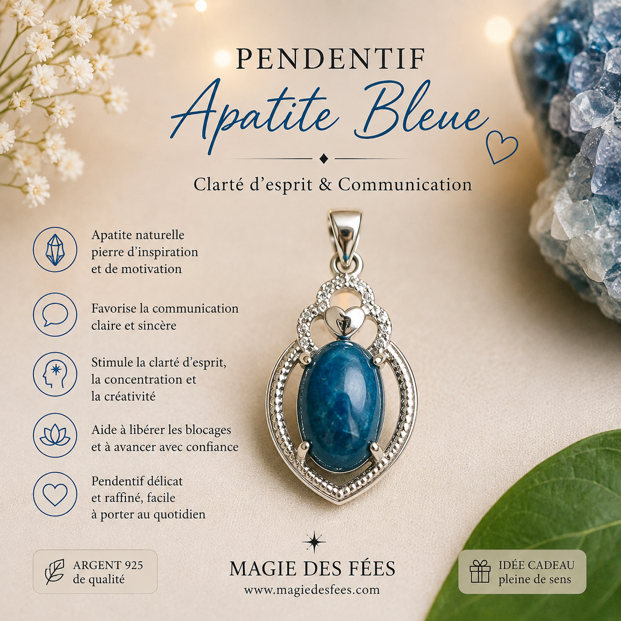 Pendentif en Apatite Bleue