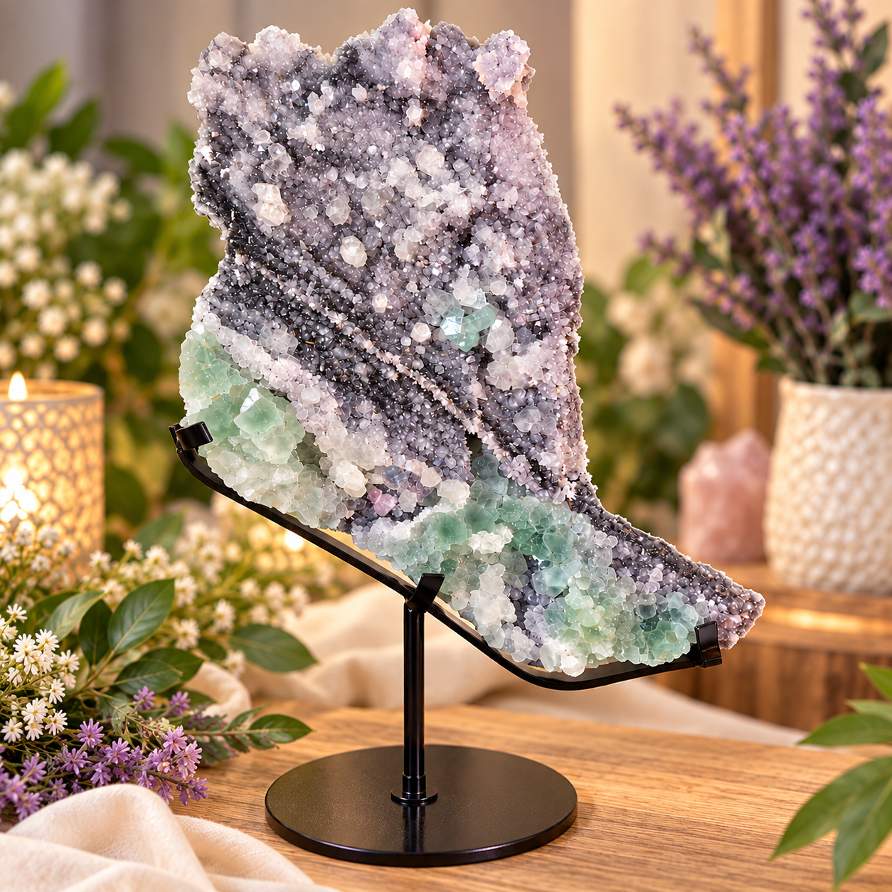 Fluorite et quartz du Brézil avec Stand