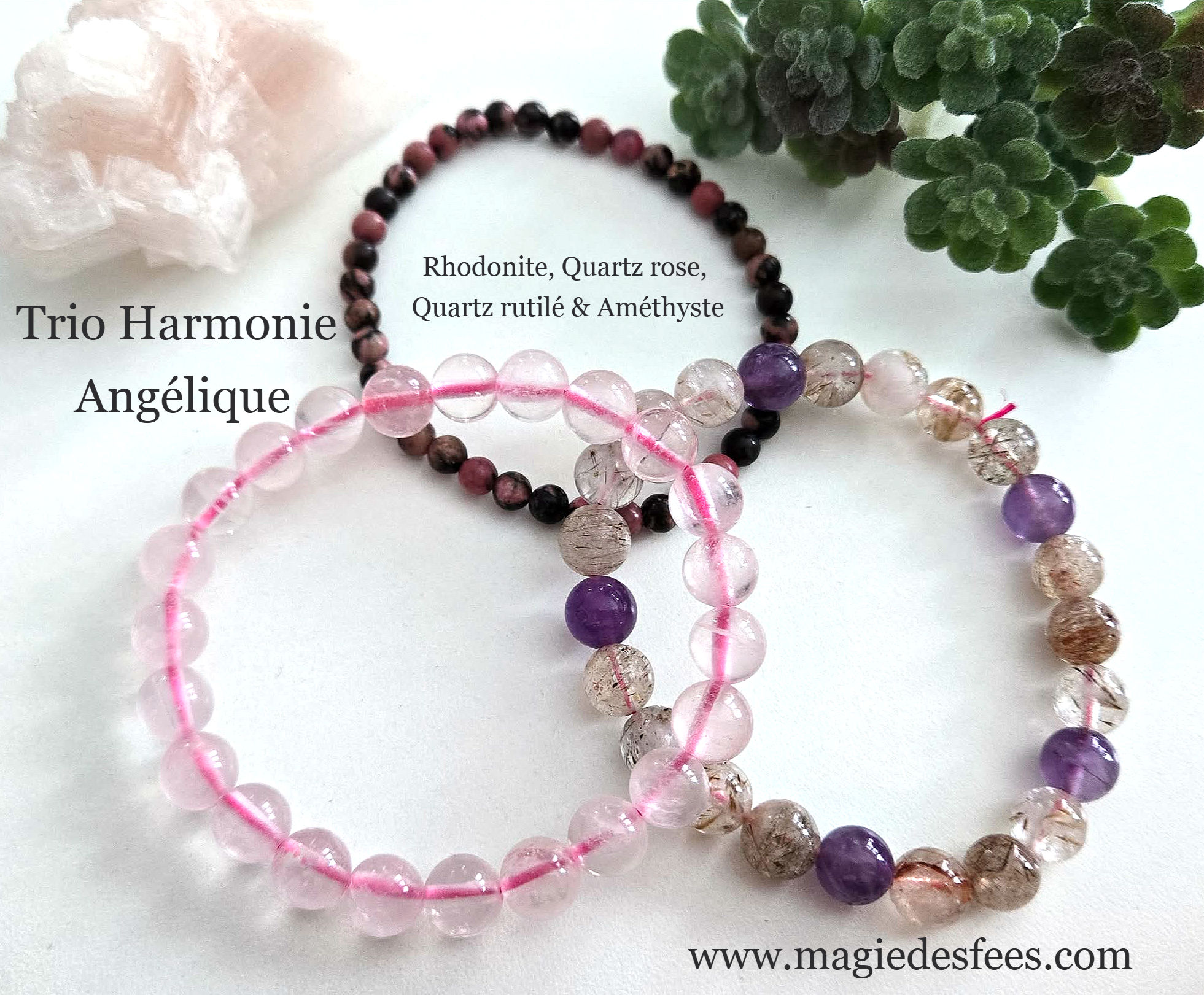 Trio Harmonie Angélique  - Quartz / Améthyste / Rhodonite