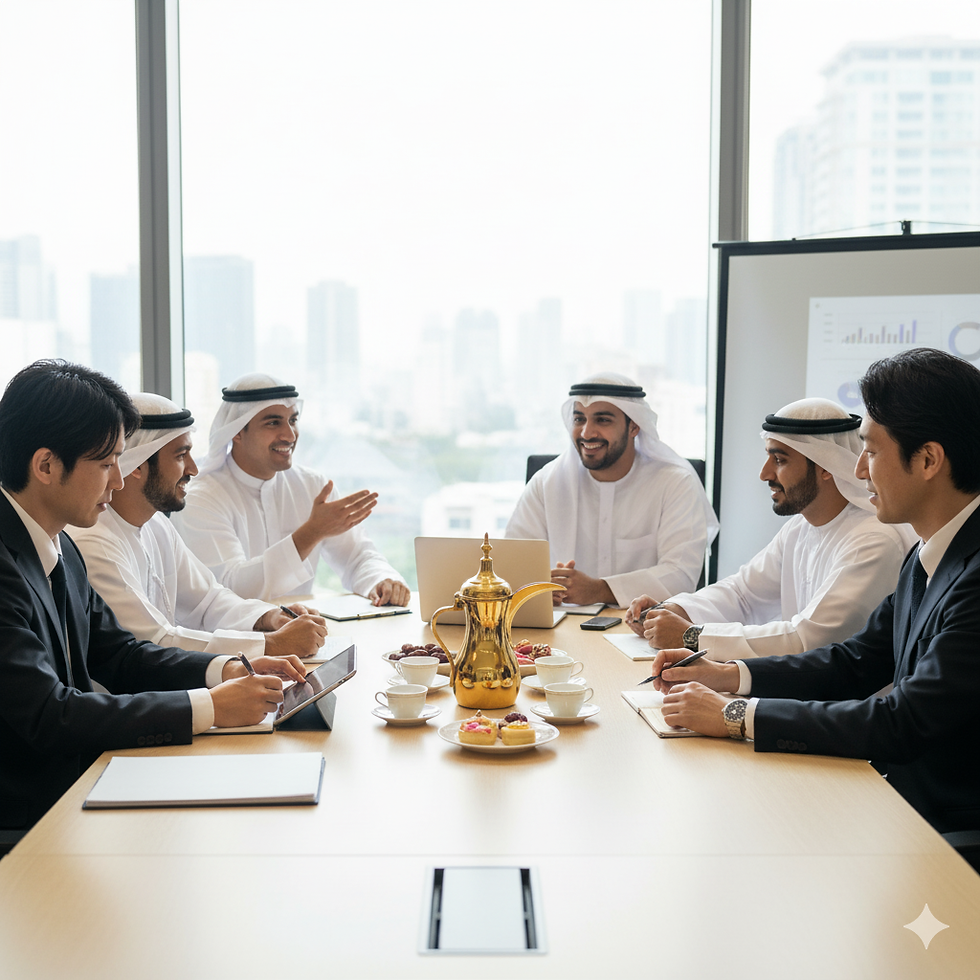 アラブと日本のビジネスパートナーがコーヒーを囲んで語らう。信頼と関係構築が始まる瞬間。