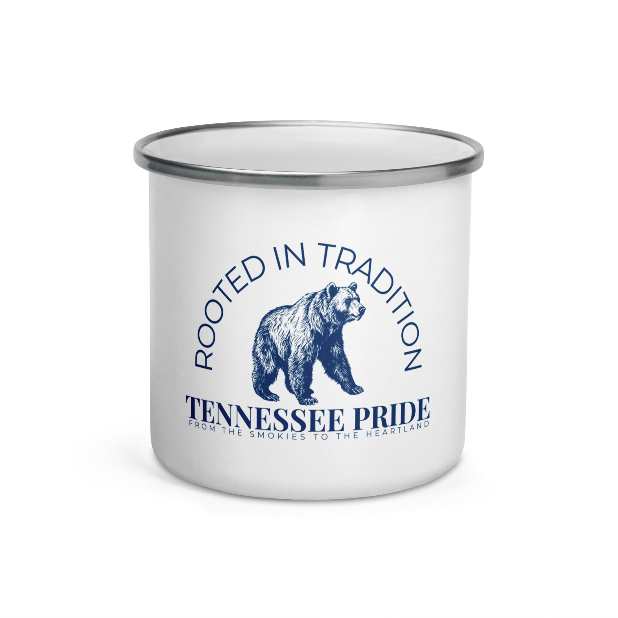 White enamel mug with silver rim featuring a blue bear and 'Tennessee Pride – Rooted in Tradition' logo.