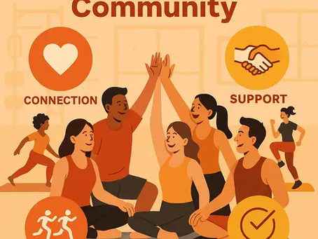 Illustration of diverse individuals in a fitness studio sitting in a circle, high-fiving and smiling, surrounded by icons representing connection, support, group classes, and accountability.