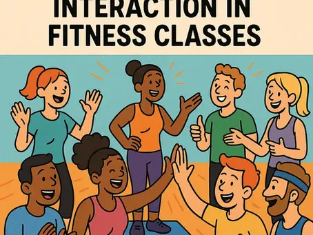 Cartoon-style illustration of diverse fitness class participants laughing, high-fiving, and engaging in friendly conversation during a group workout session.