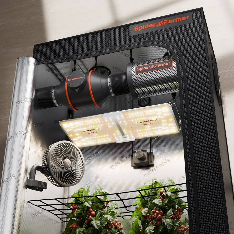 Spider Farmer 120x60x180 cm Growbox Komplettset mit SF2000 LED und Zubehör im Einsatz