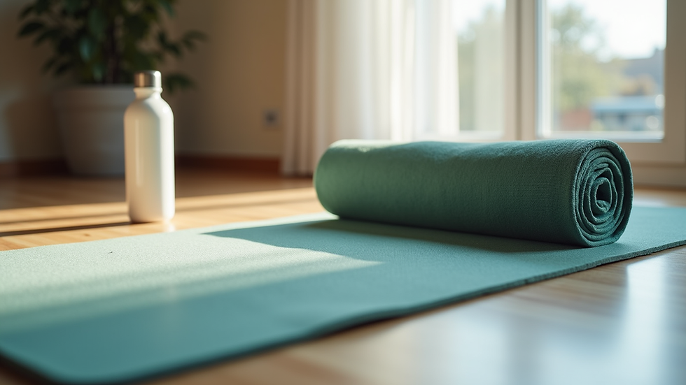 Eye-level view of a Pilates mat with a rolled towel and water bottle