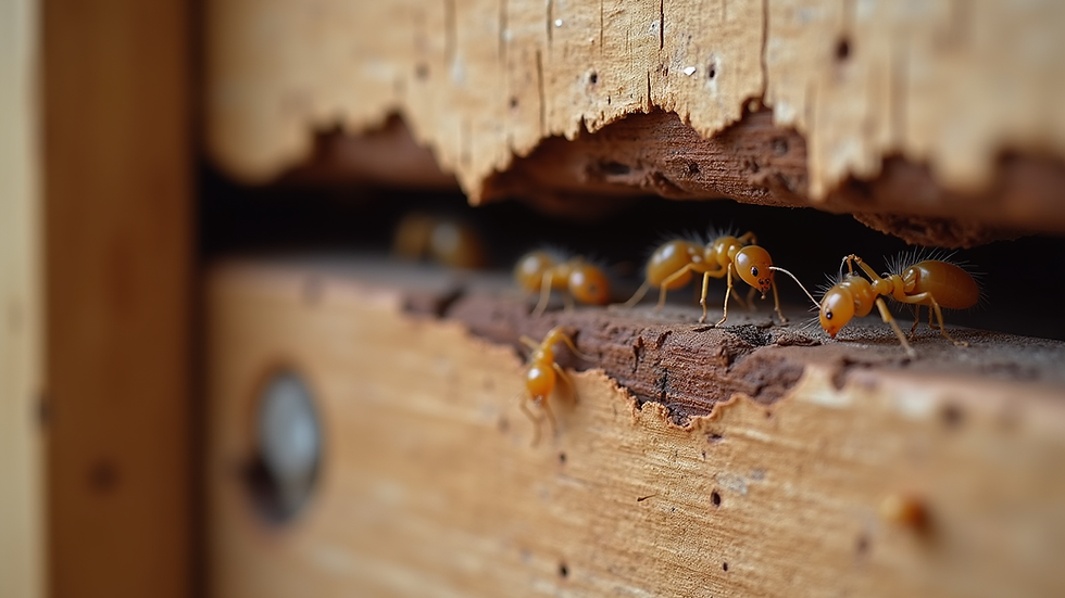 Close-up view of termite damage on wooden structure