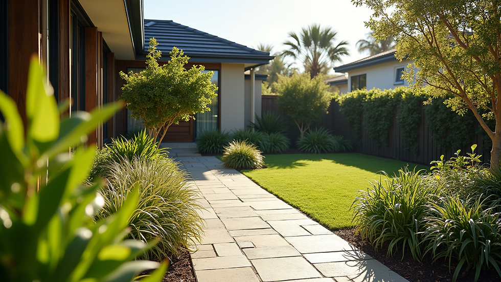 High angle view of a clean and well-maintained garden area around a Lake Macquarie home