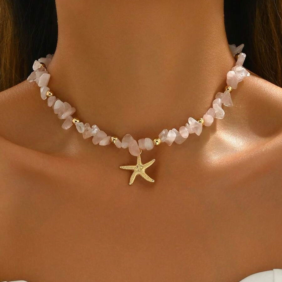 Thumbnail: Bohemian Rice Beads Starfish Pendant Necklace for Women Handmade Imitation Pearl